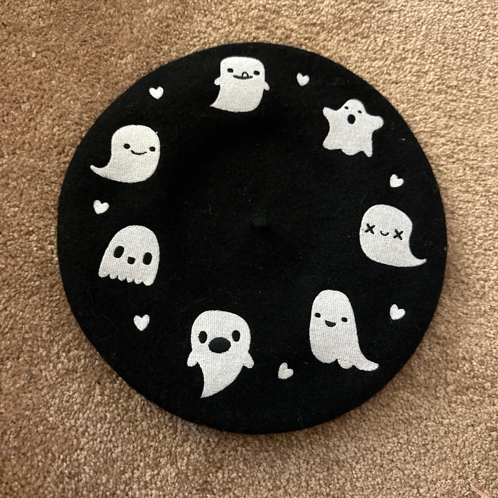 Black Beret with White Ghost Print